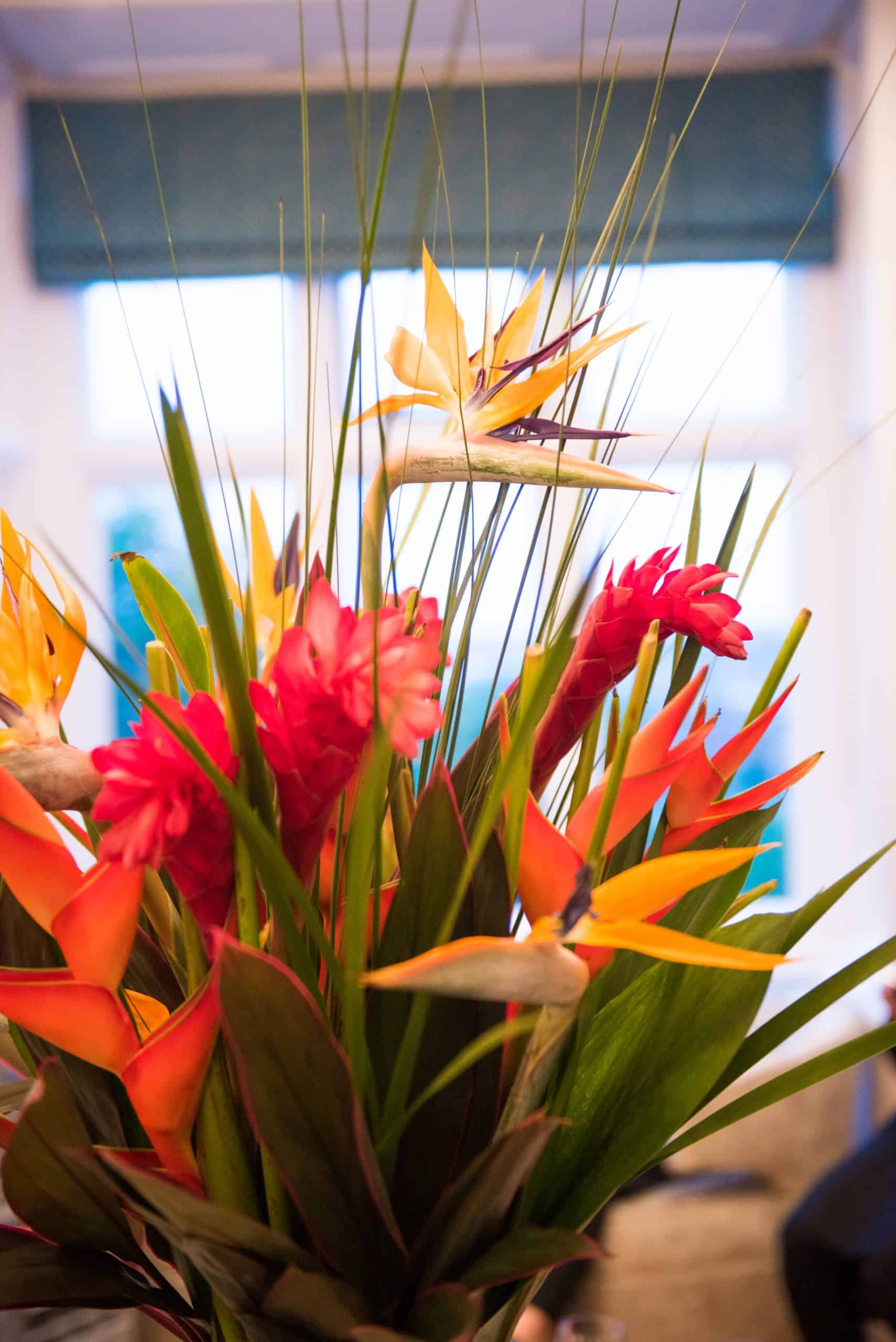Tropical flower centrepiece at private party at home event planning by Alastair Currie Events