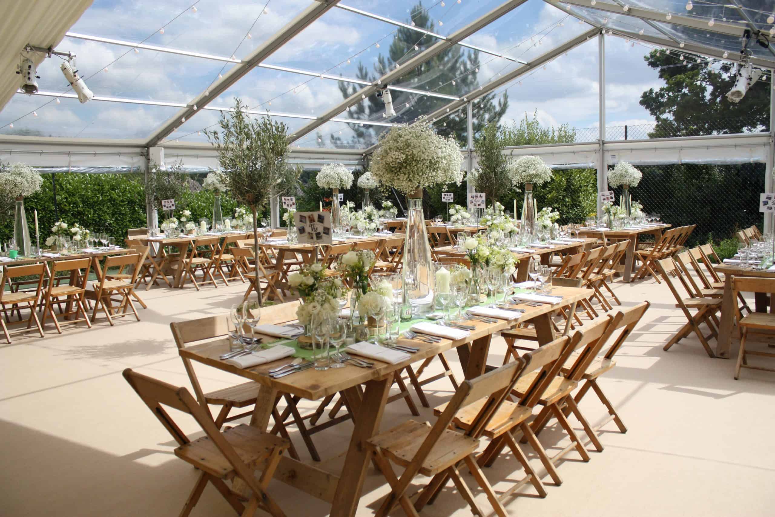 Beautiful Bristol Back Garden Wedding - rustic tables and white floral centrepieces
